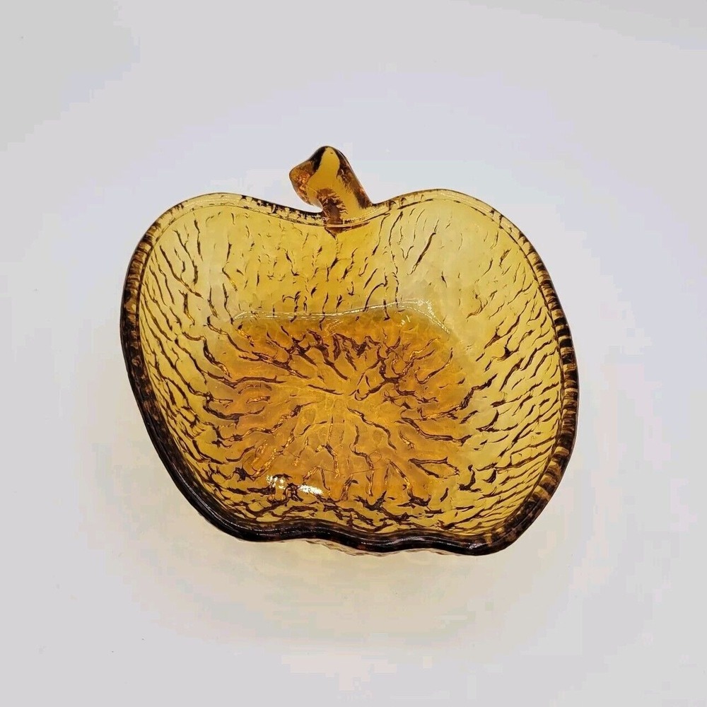 Vintage Apple Amber Glass Large Collectible Candy Dish Serving Bowl Italy